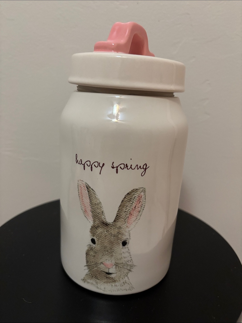 White Ceramic Bunny Canister with Pink Lid - "Happy Spring" Rae Dunn